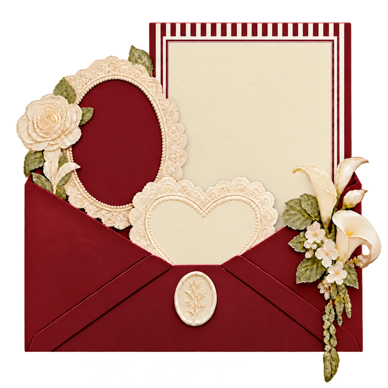 Ivory paper rose, burgundy N and R crest, and folded burgundy invitation envelope